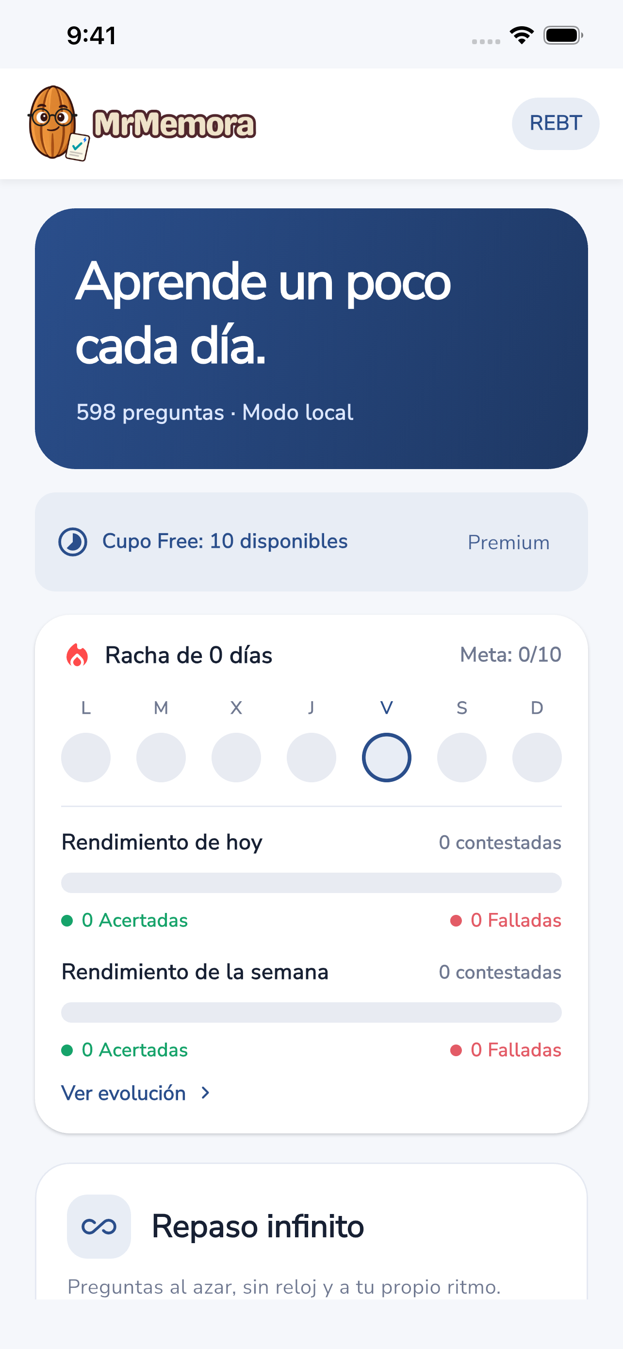 Pantalla de inicio de MrMemora en iPhone